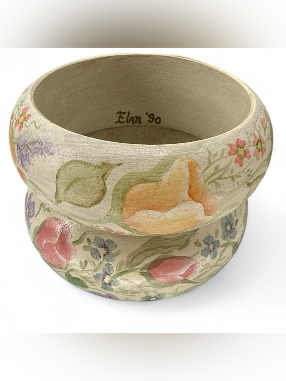 Vintage 90s Hand Painted Wood Bangle Bracelets Set of 2 Rose Floral